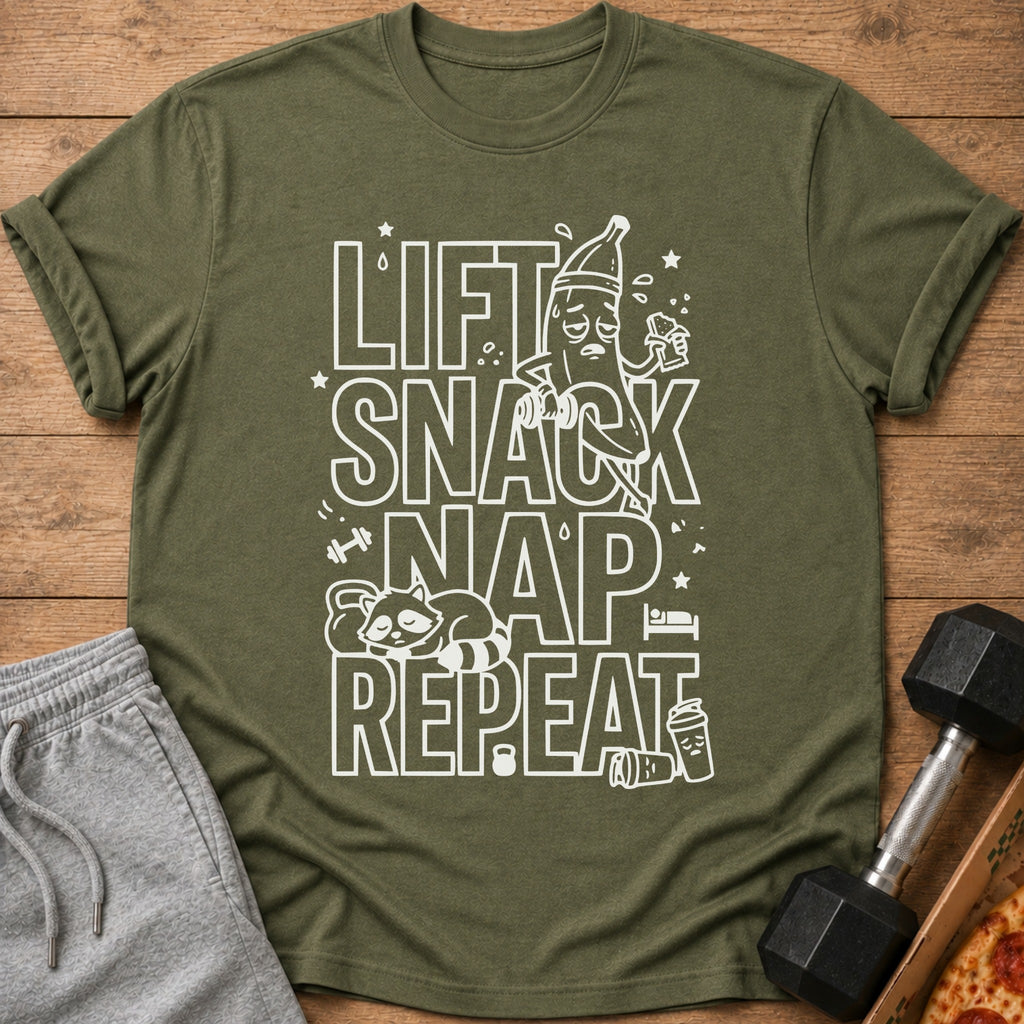 Olive t-shirt with "Lift Snack Nap Repeat" text and cartoon graphics.