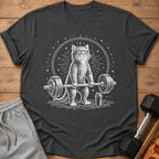 T-shirt graphic of a cat lifting weights with a sunburst and stars design.