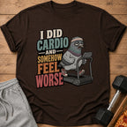 T-shirt with cartoon pigeon running on treadmill, text "I DID CARDIO AND SOMEHOW FEEL WORSE"