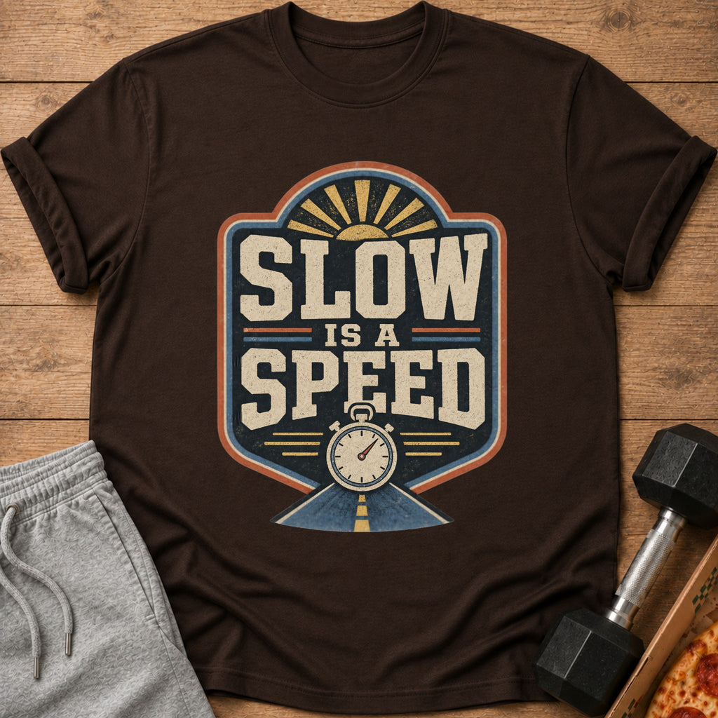 Brown t-shirt featuring a retro graphic with a stopwatch, road, and the text "SLOW IS A SPEED".