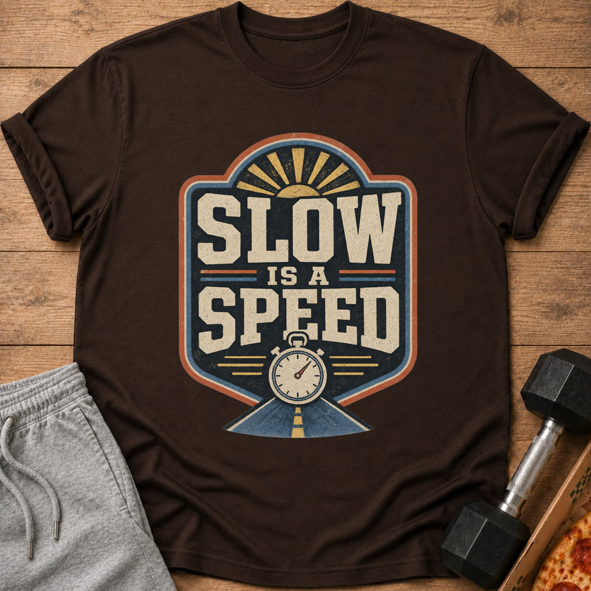 Brown t-shirt featuring a retro graphic with a stopwatch, road, and the text "SLOW IS A SPEED".