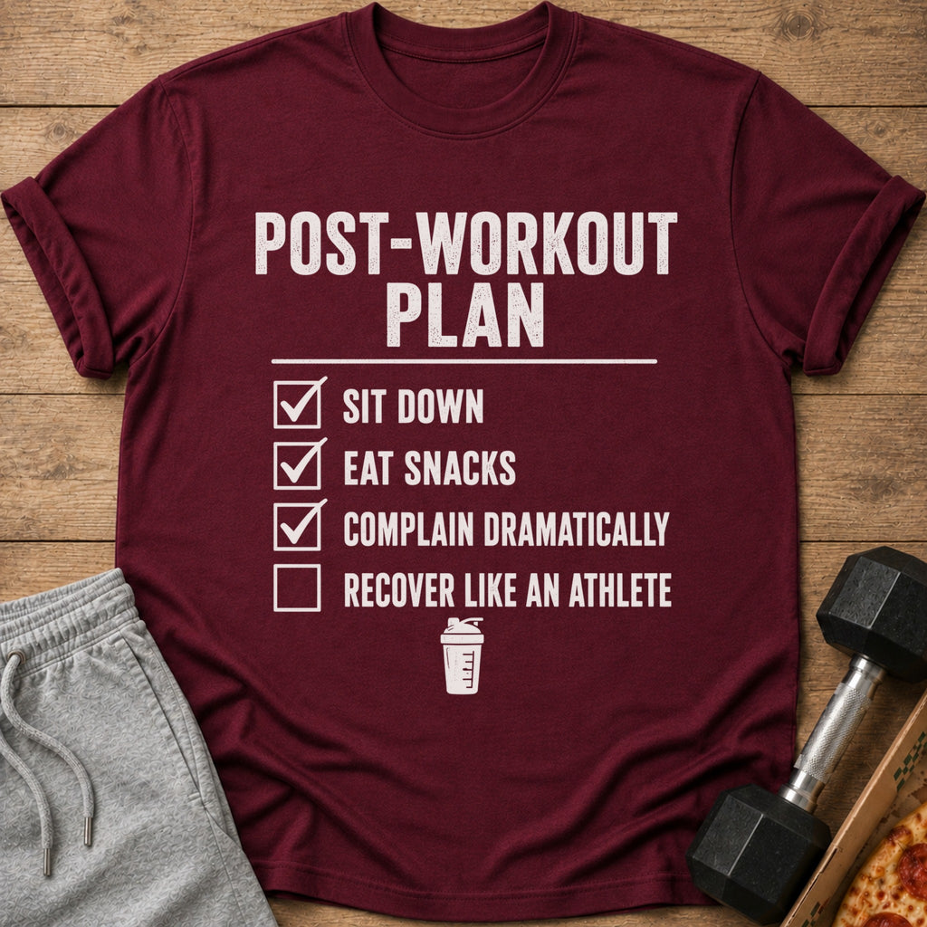 Maroon t-shirt with "POST-WORKOUT PLAN" and checklist text.