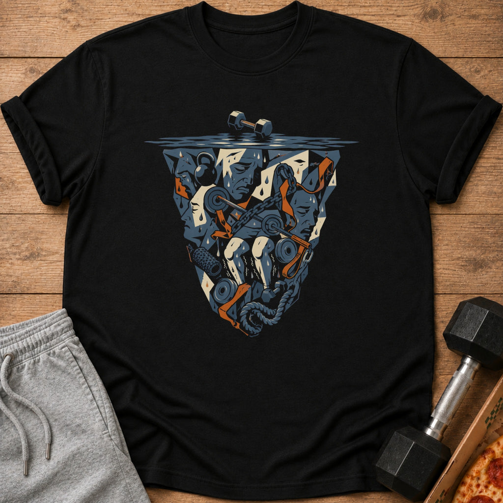Black t-shirt with a stylized graphic depicting weightlifting equipment and strained faces.