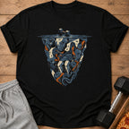 Black t-shirt with a stylized graphic depicting weightlifting equipment and strained faces.