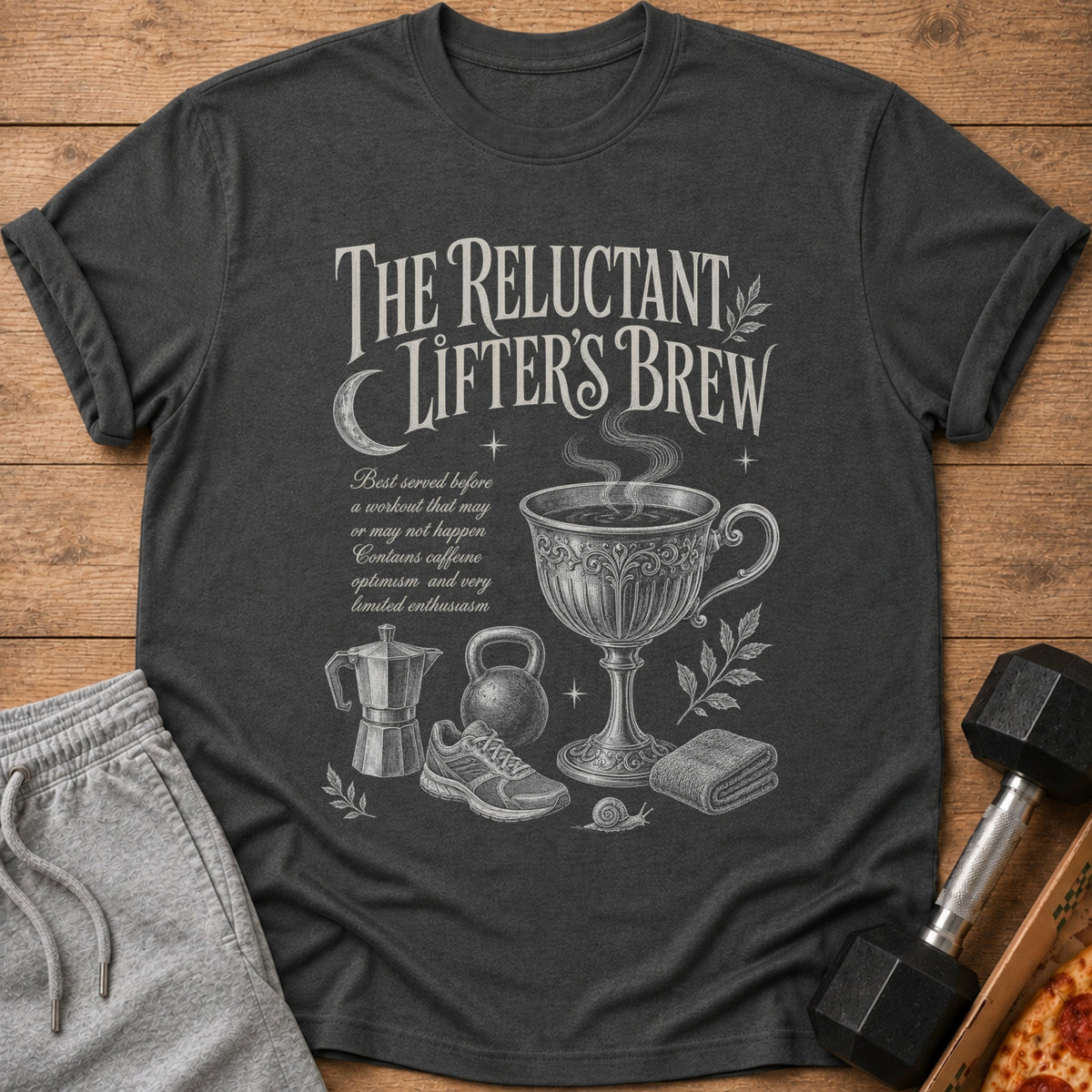 Dark gray t-shirt with "The Reluctant Lifter's Brew" graphic, coffee cup, kettle, dumbbell, sneaker, and towel.