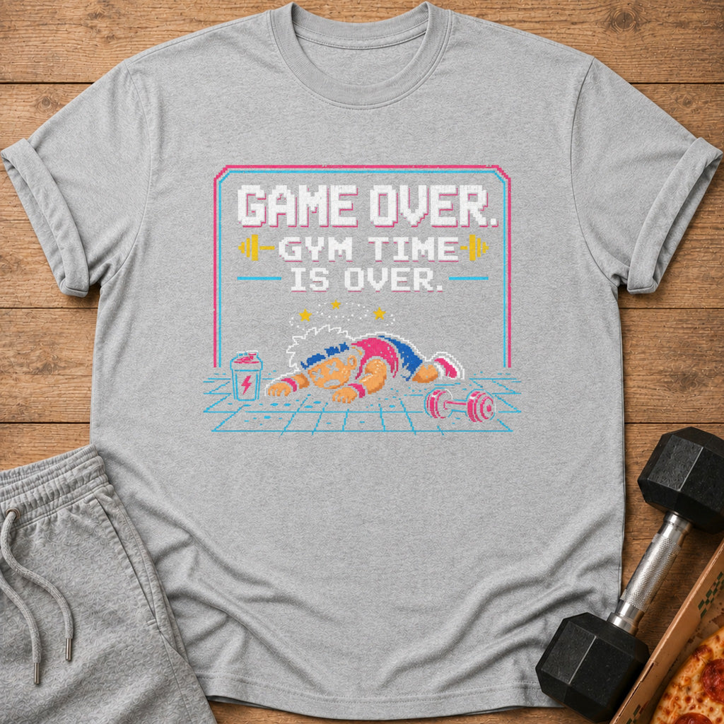 Gray t-shirt with pixel art: "Game Over. Gym Time is Over."