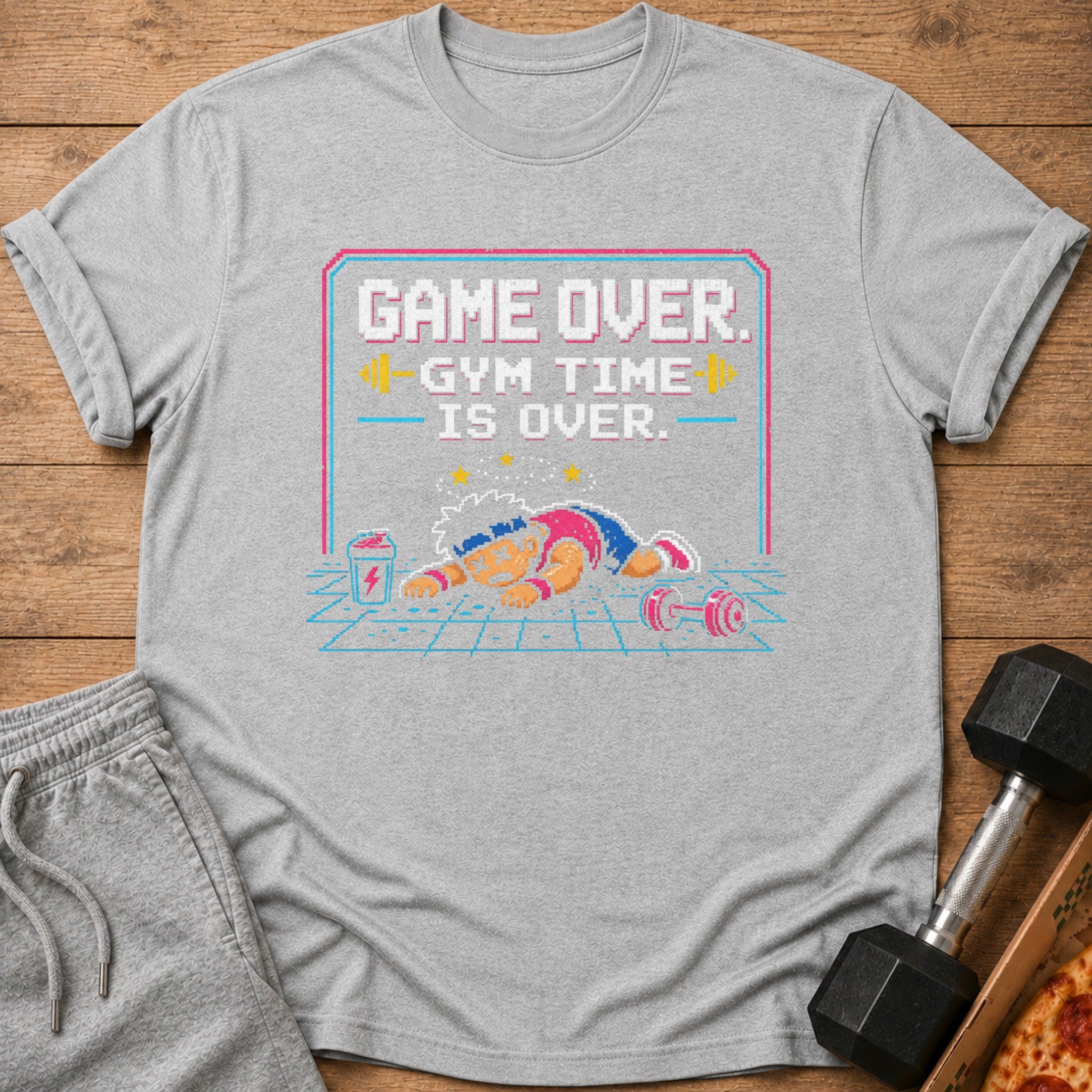 Gray t-shirt with pixel art: "Game Over. Gym Time is Over."