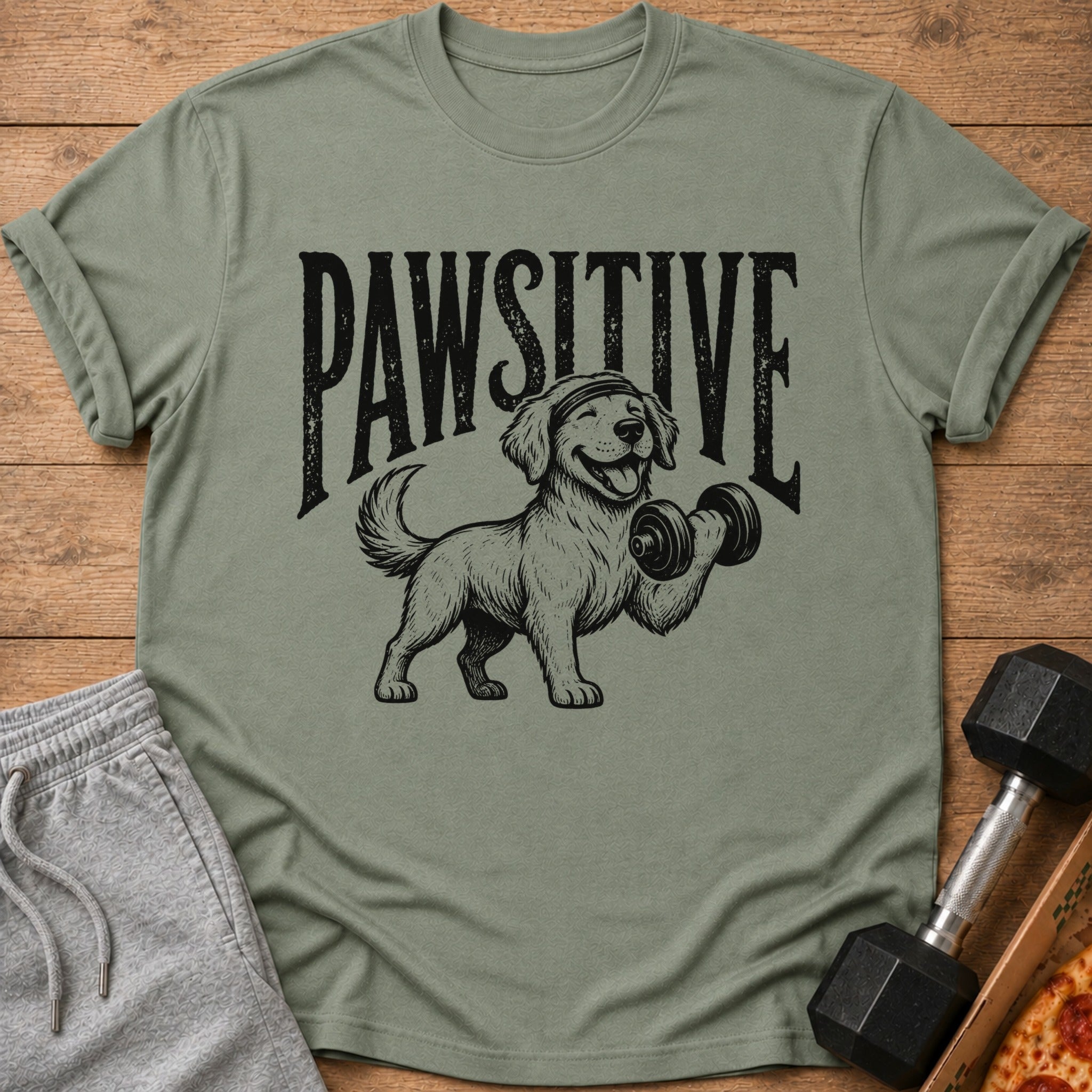 Green t-shirt with a dog lifting a dumbbell and the text "PAWSITIVE".