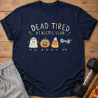 Dark blue t-shirt featuring a Dead Tired Athletic Club graphic with cute Halloween characters lifting weights.