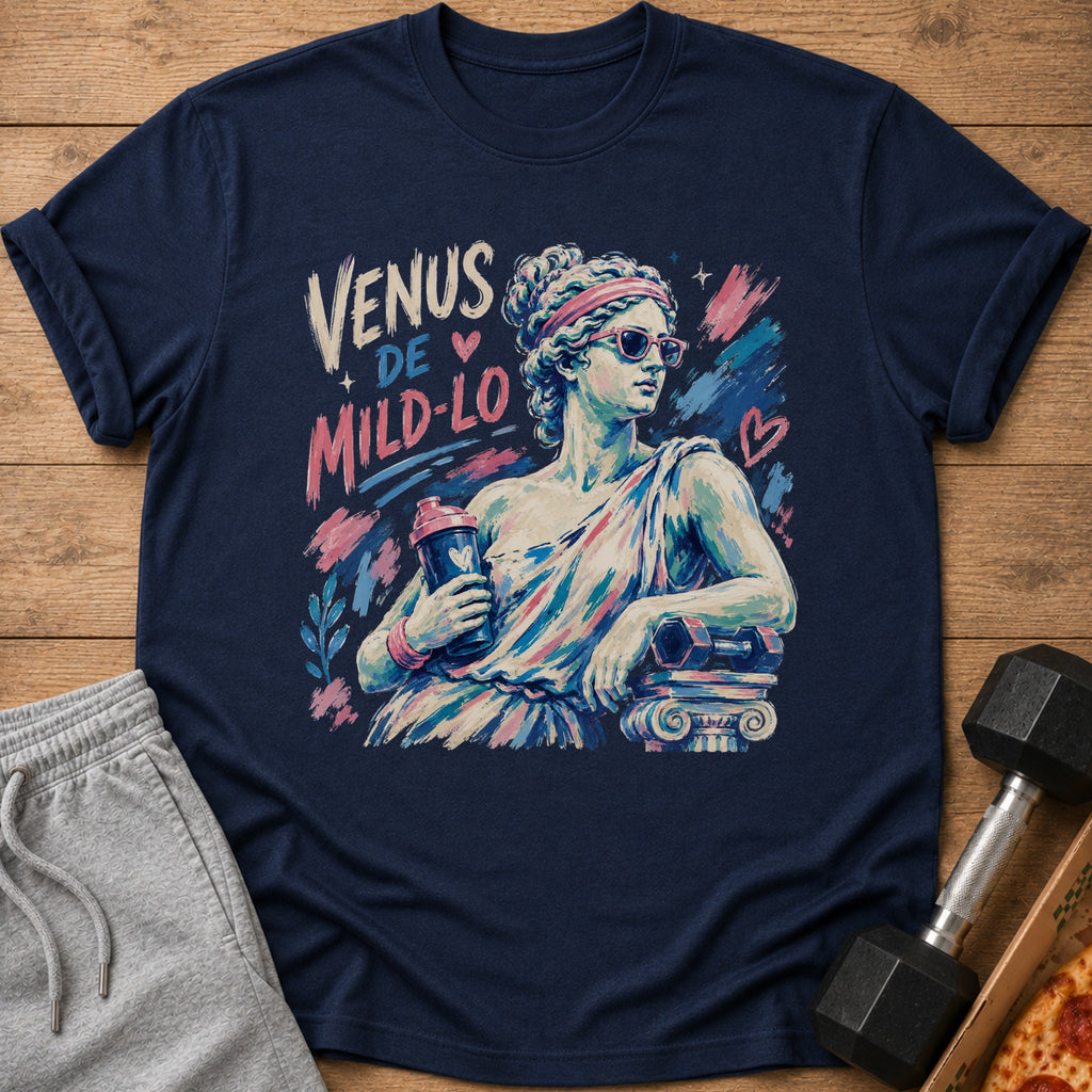 Navy t-shirt with "Venus De Mild-Lo" and a statue holding a shaker.