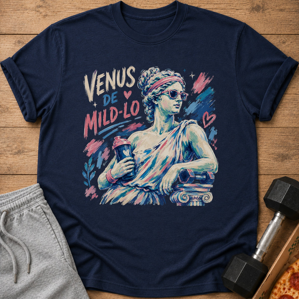 Navy t-shirt with "Venus De Mild-Lo" and a statue holding a shaker.
