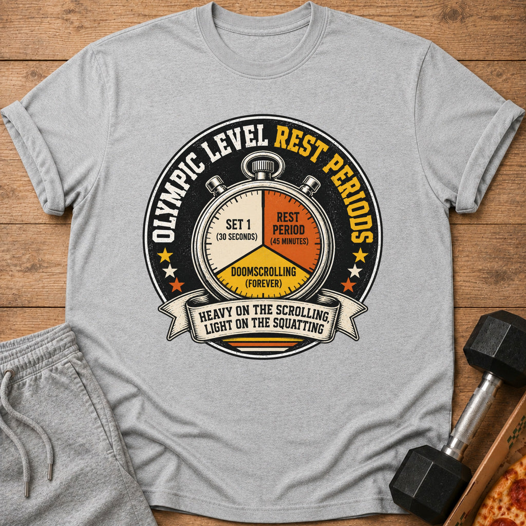 Gray t-shirt with a graphic of a stopwatch showing "Set 1", "Rest Period", and "Doomscrolling".