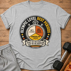 Gray t-shirt with a graphic of a stopwatch showing "Set 1", "Rest Period", and "Doomscrolling".
