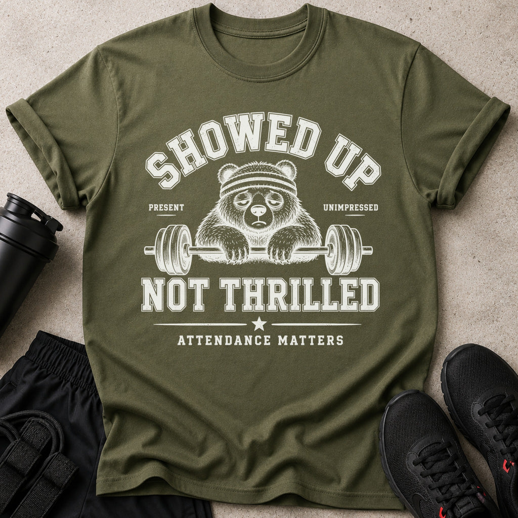 Olive green t-shirt with a panda lifting weights graphic and text.