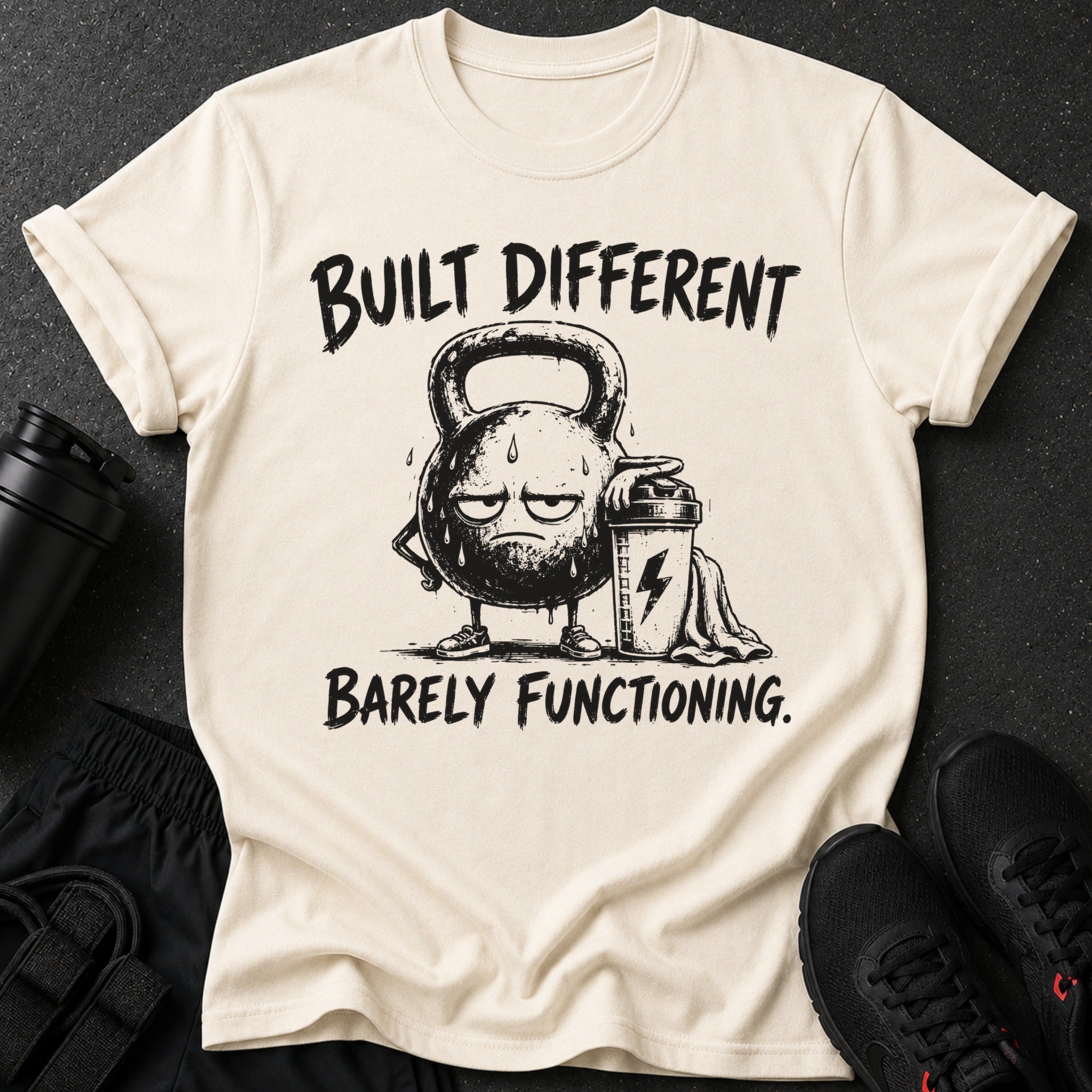 T-shirt with distressed kettlebell graphic and text "BUILT DIFFERENT BARELY FUNCTIONING."