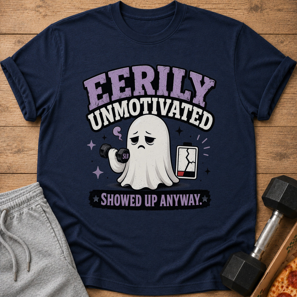 Navy t-shirt with ghost graphic saying "Eerily Unmotivated Showed Up Anyway."