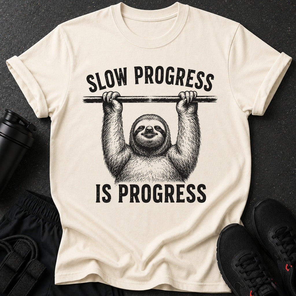 Cream t-shirt with a sloth exercise graphic and text "SLOW PROGRESS IS PROGRESS".