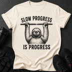 Cream t-shirt with a sloth exercise graphic and text "SLOW PROGRESS IS PROGRESS".
