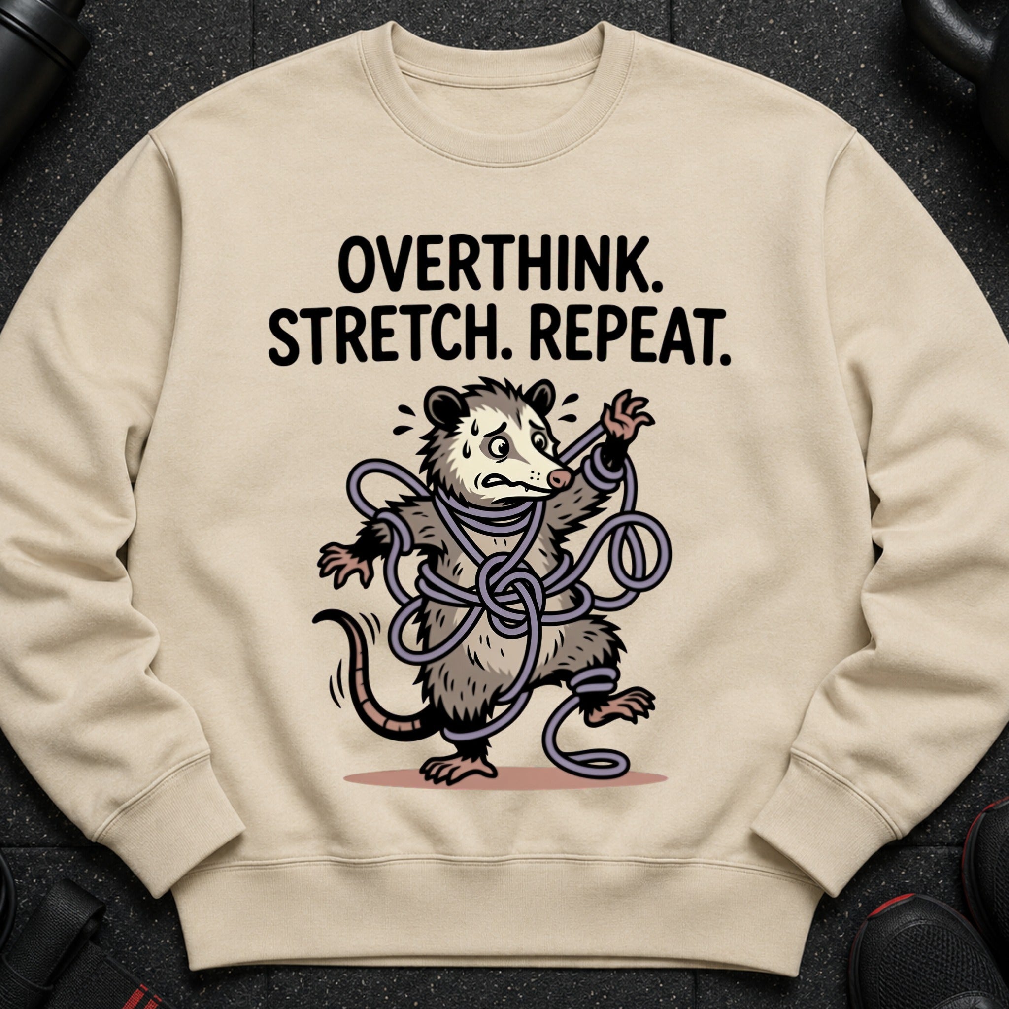 Light tan crewneck sweatshirt with a cartoon possum tangled in purple rope and the text "OVERTHINK. STRETCH. REPEAT."