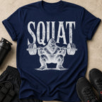Navy t-shirt with "Squat" text and Bigfoot lifting weights graphic.