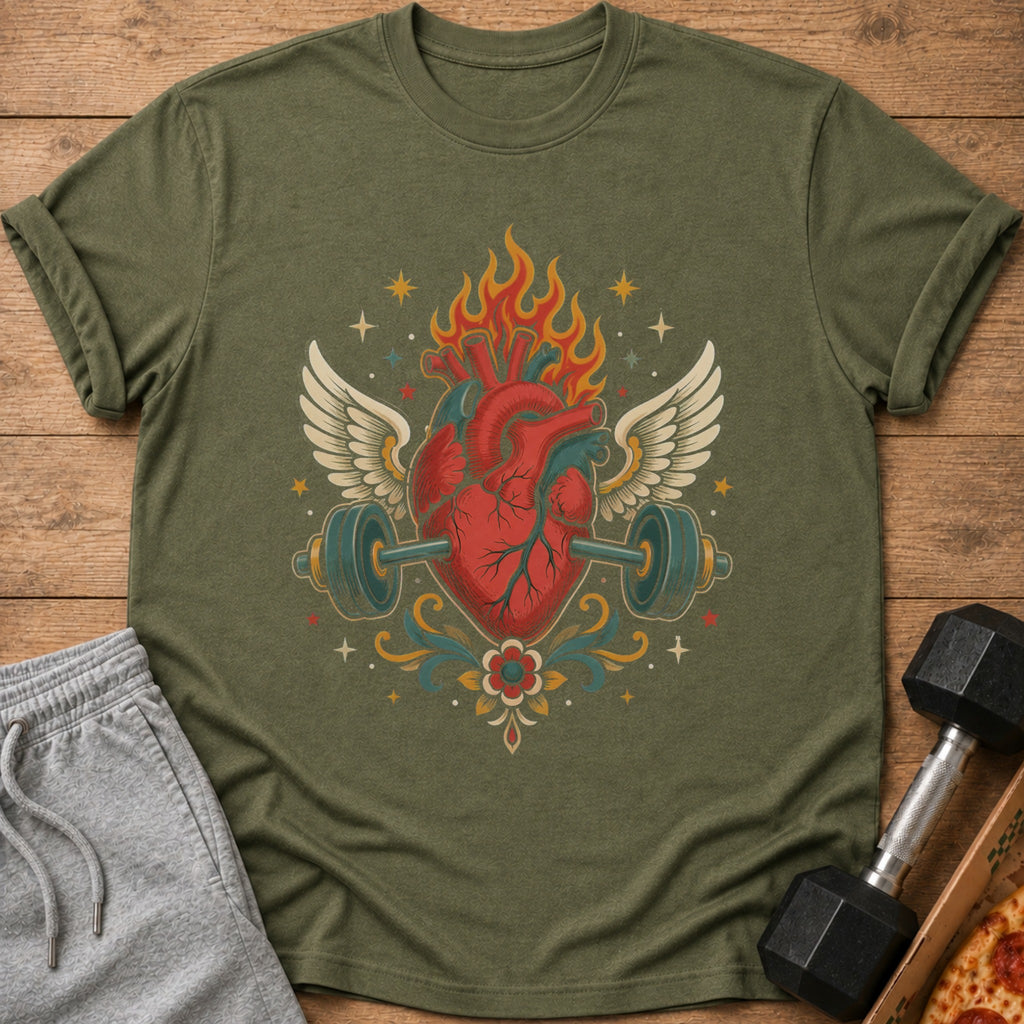Olive green t-shirt with a flaming anatomical heart and barbell graphic.