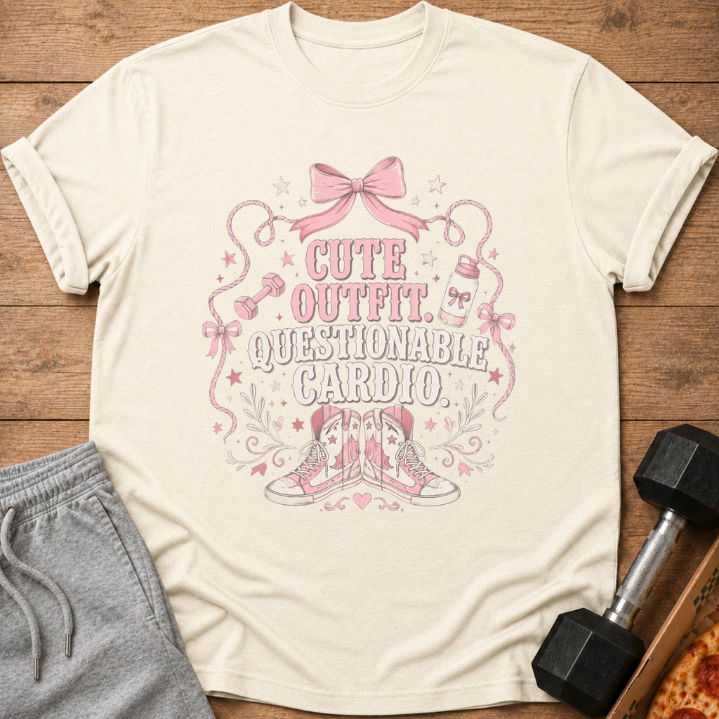 T-shirt with "Cute Outfit. Questionable Cardio." text, pink bow, dumbbell, and cowboy boots.