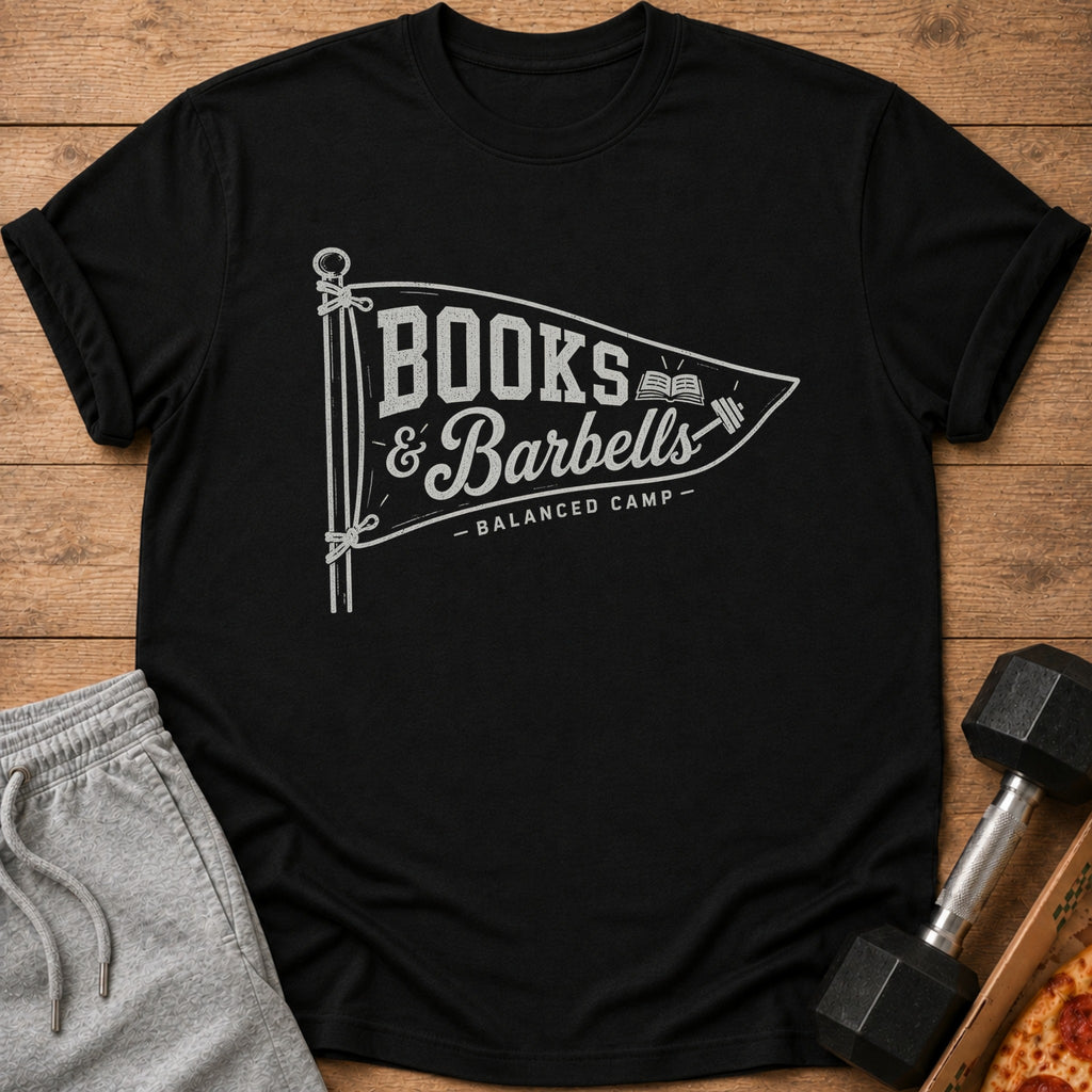 Black t-shirt with "Books & Barbells - Balanced Camp" text on a pennant graphic.