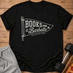 Black t-shirt with "Books & Barbells - Balanced Camp" text on a pennant graphic.