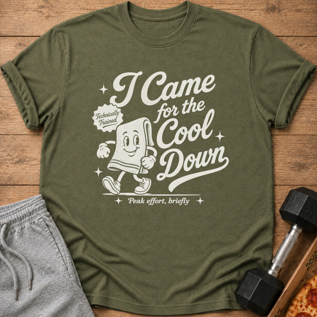 Olive green t-shirt with cartoon towel saying "I Came for the Cool Down"