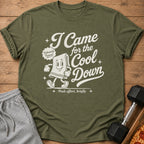 Olive green t-shirt with cartoon towel saying "I Came for the Cool Down"