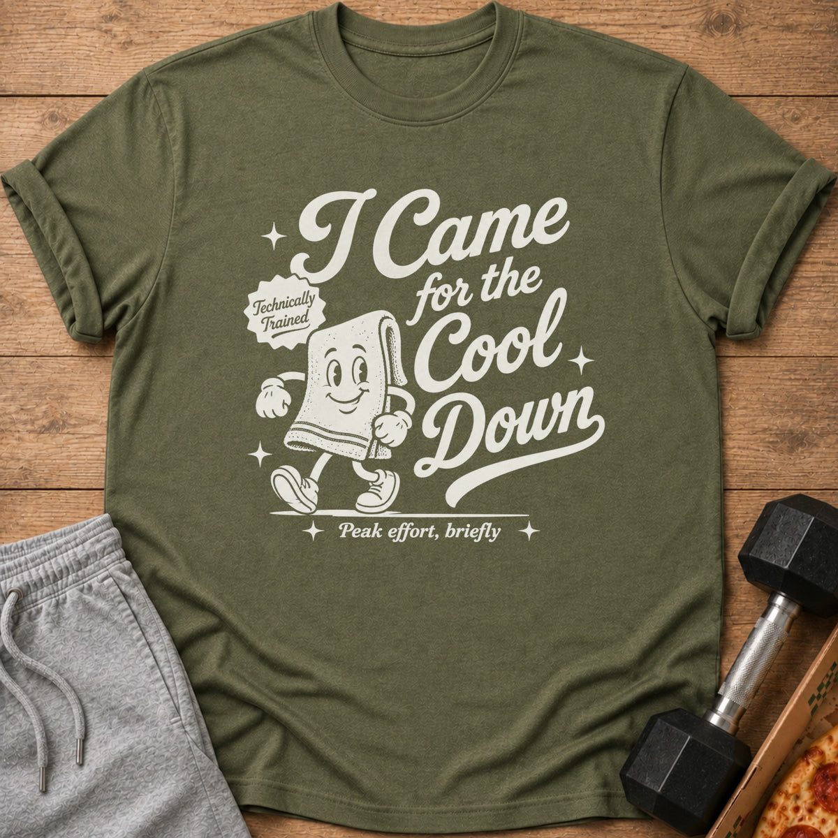 Olive green t-shirt with cartoon towel saying "I Came for the Cool Down"