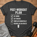 Dark grey t-shirt with "Post-Workout Plan" and checklist.