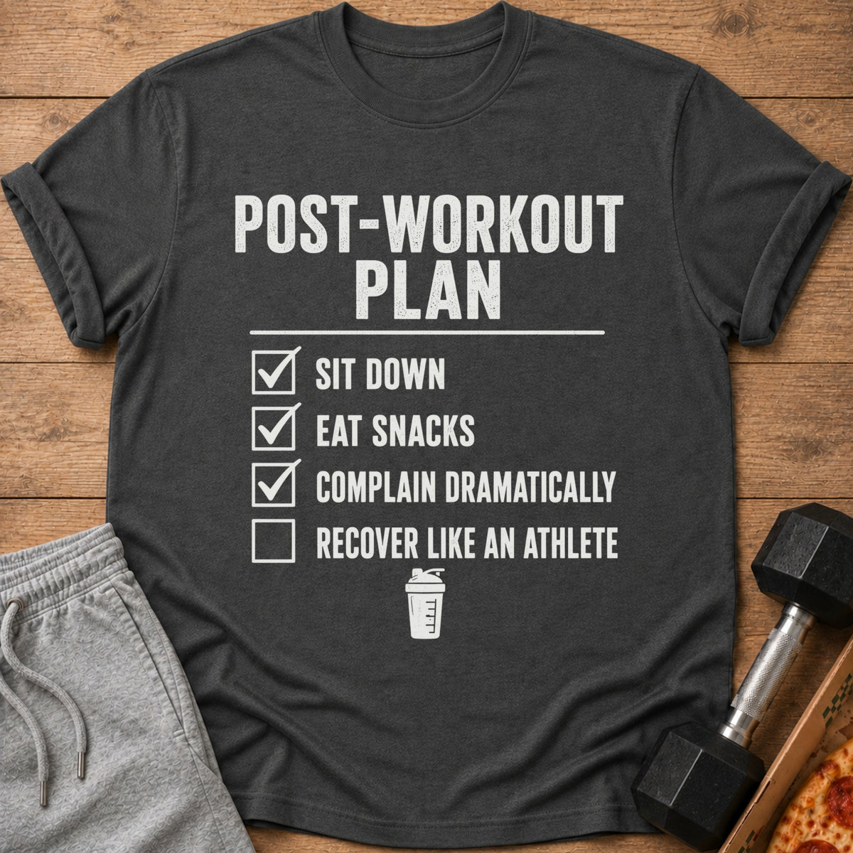 Dark grey t-shirt with "Post-Workout Plan" and checklist.