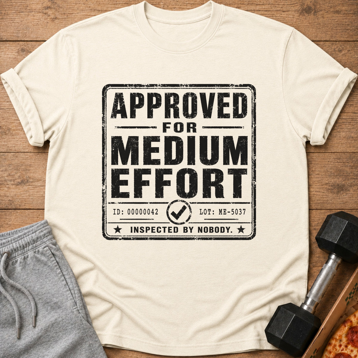 Cream t-shirt with "APPROVED FOR MEDIUM EFFORT" text and inspection details.