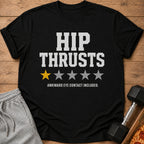 Black t-shirt with "HIP THRUSTS" and one yellow star.