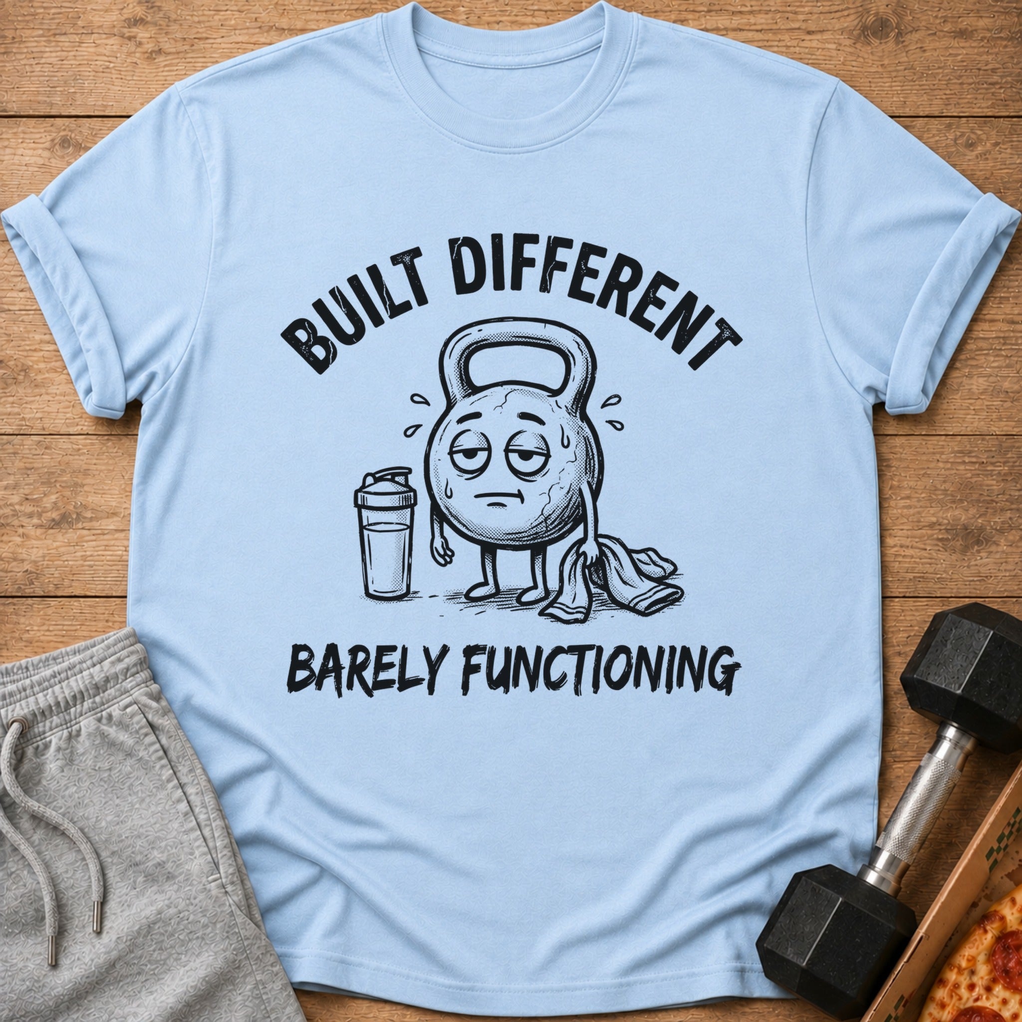 Light blue t-shirt with cartoon kettlebell saying "BUILT DIFFERENT BARELY FUNCTIONING".