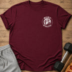 Maroon t-shirt with "MILDLY ATHLETIC" text and sloth graphic.