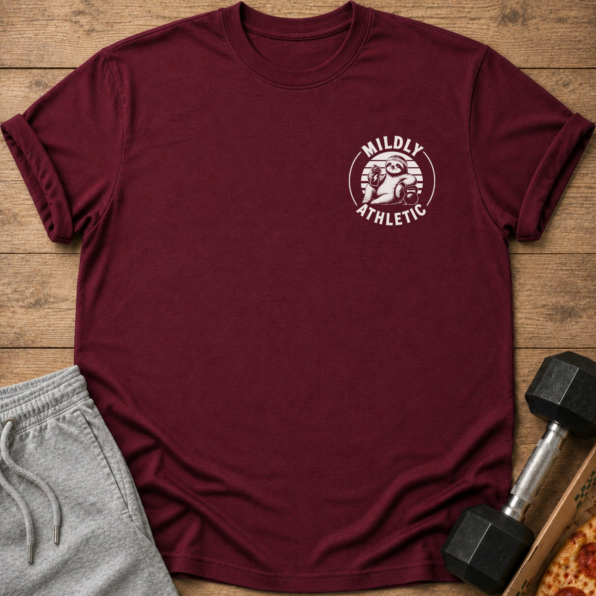 Maroon t-shirt with "MILDLY ATHLETIC" text and sloth graphic.