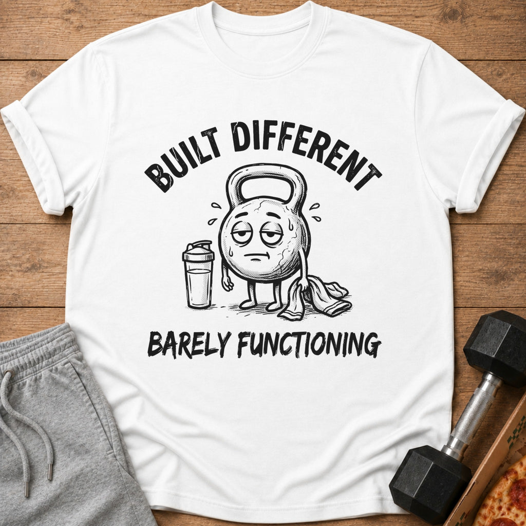 White t-shirt with distressed text "BUILT DIFFERENT BARELY FUNCTIONING" and a tired kettlebell graphic.