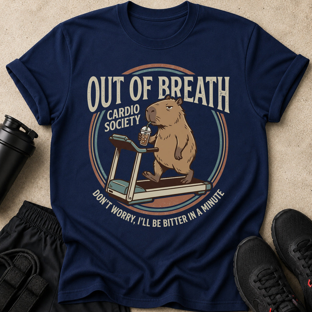 Navy t-shirt with a capybara on a treadmill drinking iced coffee, text reads "Out of Breath Cardio Society".