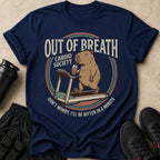 Navy t-shirt with a capybara on a treadmill drinking iced coffee, text reads "Out of Breath Cardio Society".