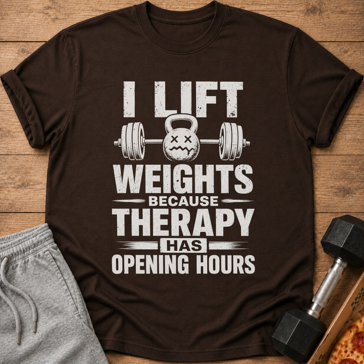 Brown t-shirt with "I Lift Weights Because Therapy Has Opening Hours" text and barbell graphic.