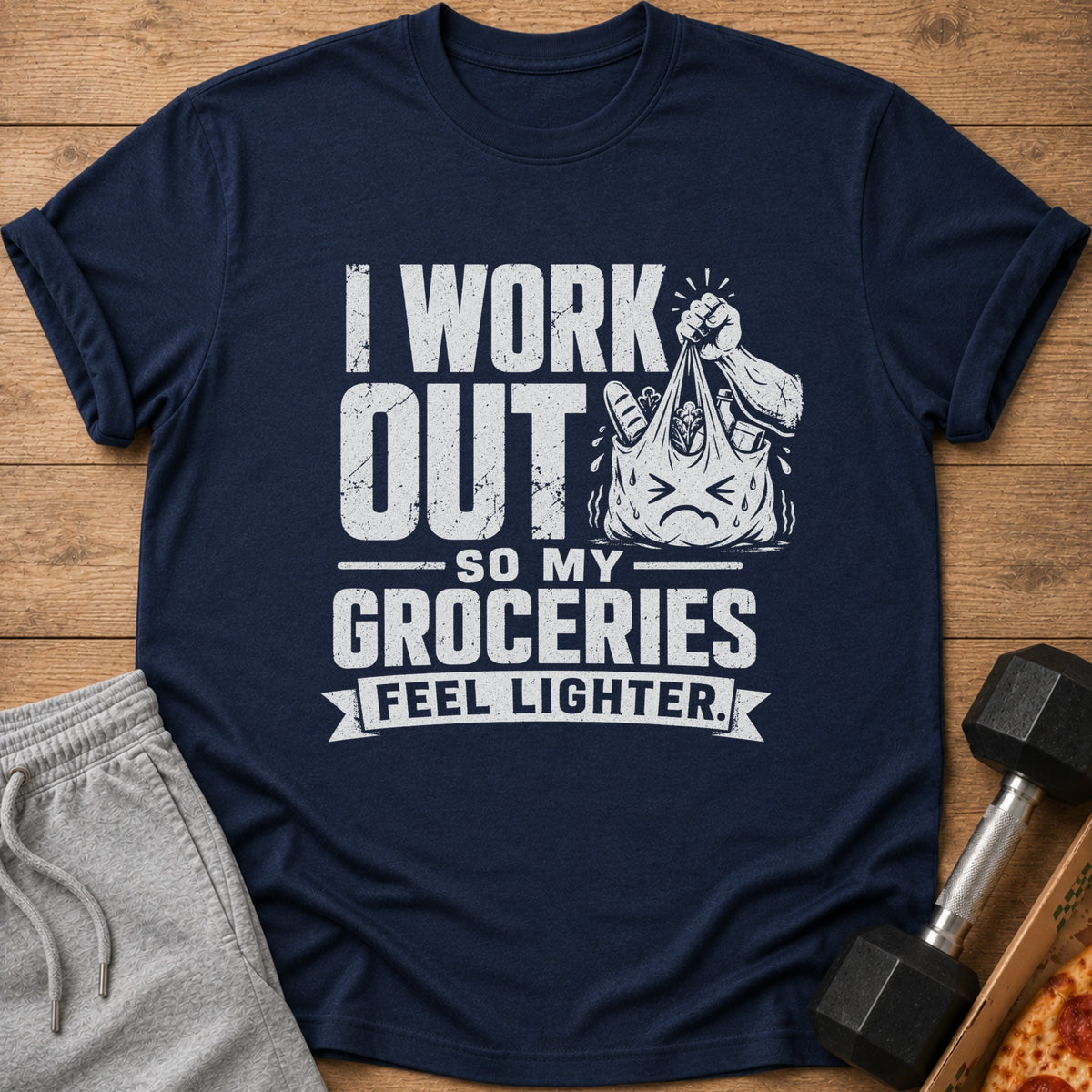 Navy t-shirt with text "I WORK OUT SO MY GROCERIES FEEL LIGHTER."