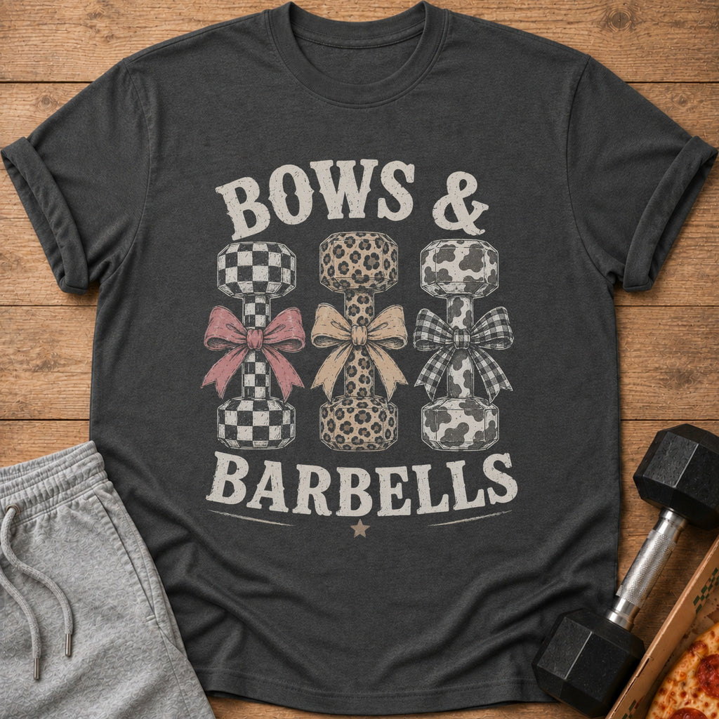 T-shirt with "Bows & Barbells" text and patterned dumbbells.