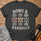 T-shirt with "Bows & Barbells" text and patterned dumbbells.