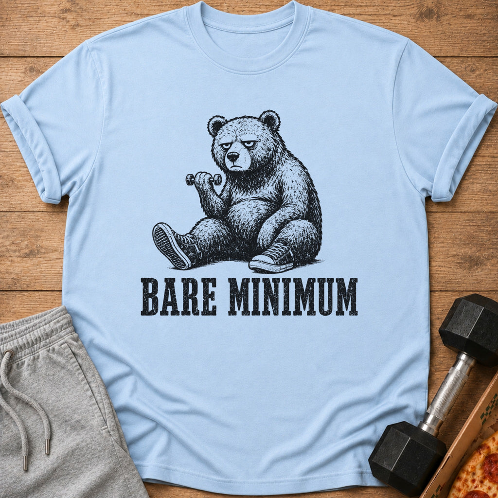 Light blue t-shirt with a black illustration of a bear lifting a dumbbell and text that reads "BARE MINIMUM".