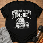 Black t-shirt with white distressed text "EMOTIONAL SUPPORT DUMBBELL" and a hamster holding a dumbbell.