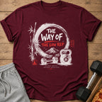 Maroon t-shirt with "The Way of The Low Rep" design, bamboo, mountains, dumbbells, kettlebell.