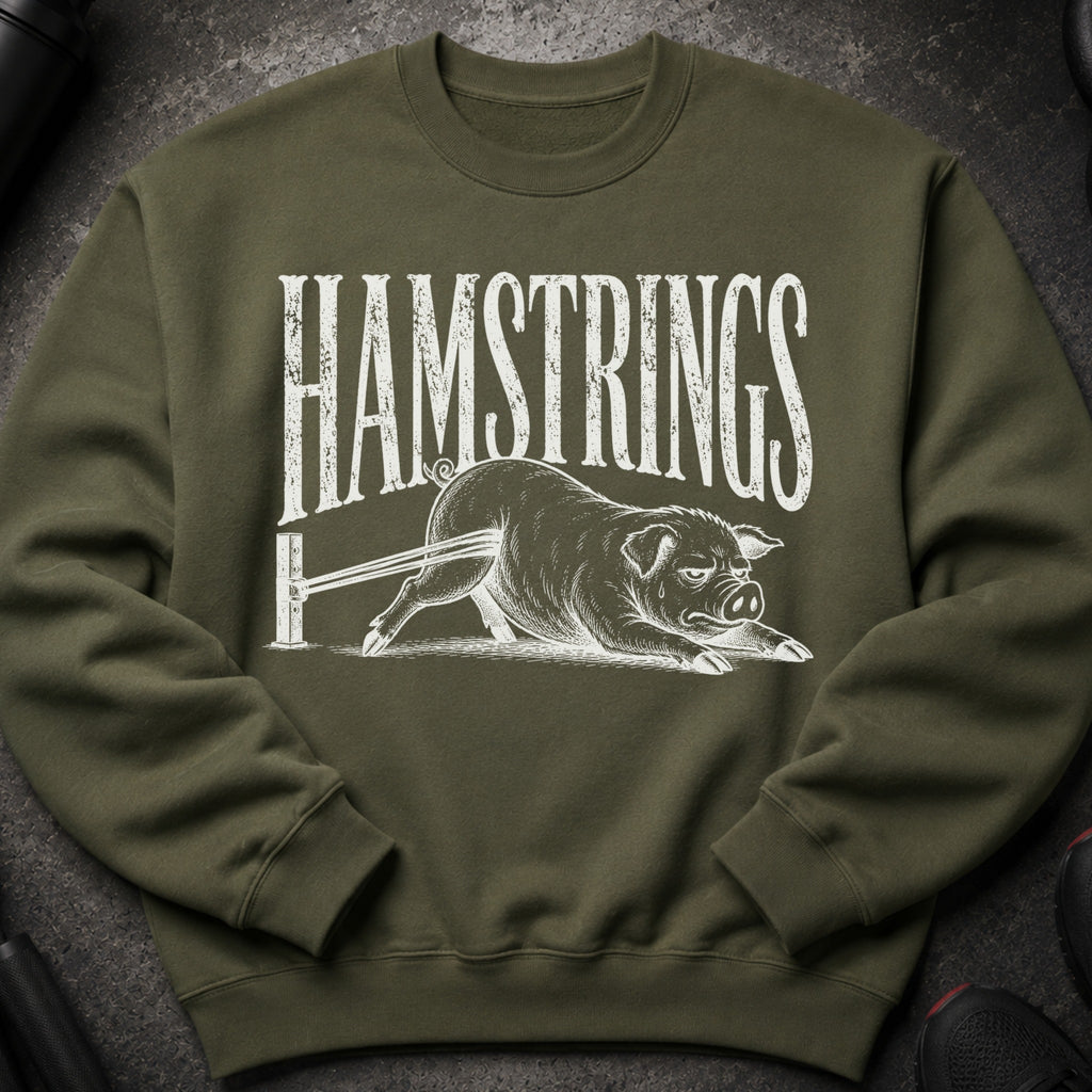 Olive green sweatshirt with white "HAMSTRINGS" text and a pig graphic.