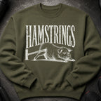 Olive green sweatshirt with white "HAMSTRINGS" text and a pig graphic.